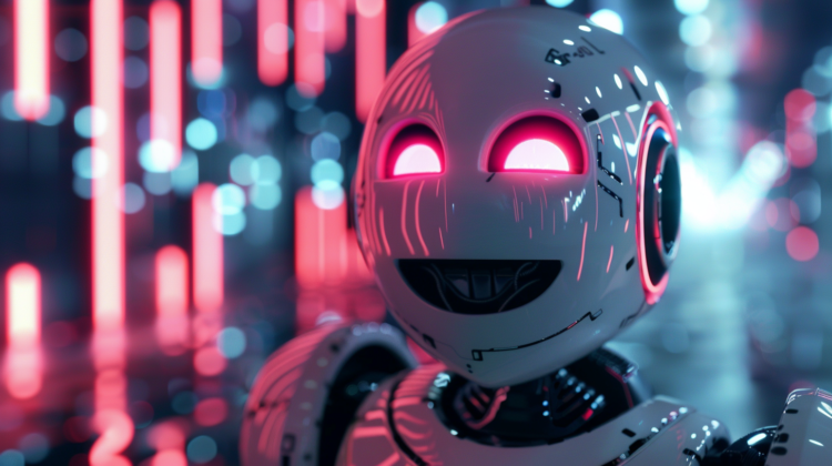 Cute robot with glowing red eyes, white body, and neon lights in a futuristic digital art space.