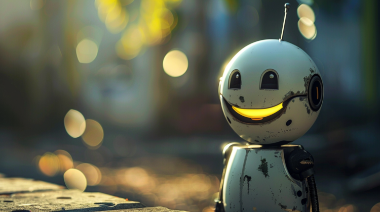 Cute robot with large eyes and a smile standing on the ground against a bokeh background.