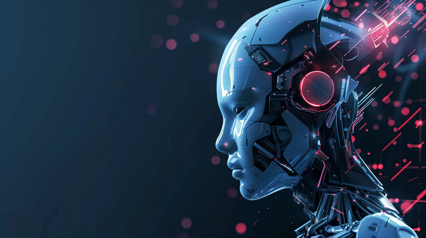 Futuristic robot head with red lights, surrounded by glowing pink and white digital data on a dark blue background.