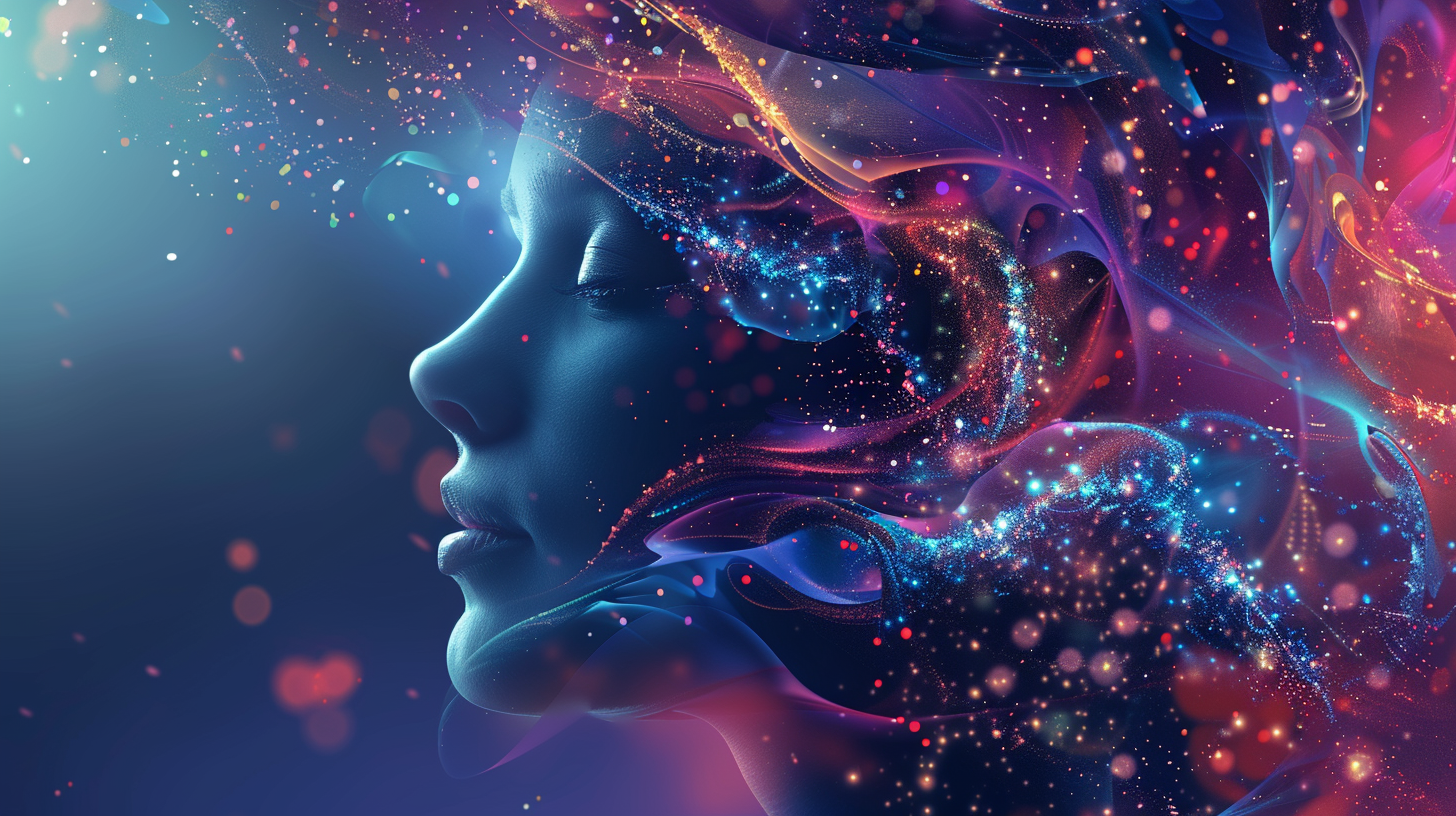 Free AI Image: Elegant Woman with Energy Waves - Elegant woman in profile, surrounded by colorful energy waves and cosmic dust, conveying mystery and ethereal beauty.