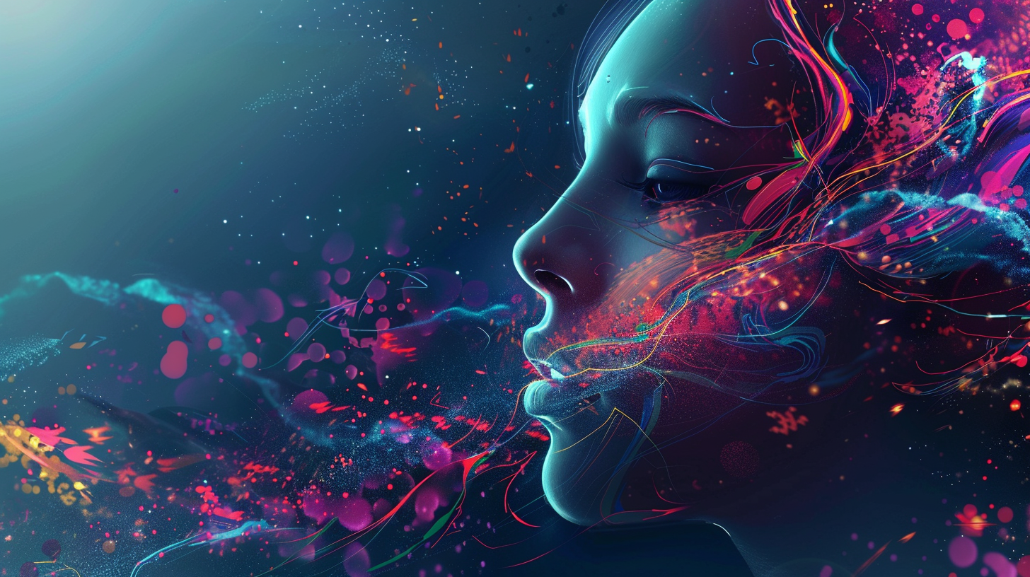 Free AI Image - Glowing Abstract Female Face - Abstract digital art of a face with glowing particles and ethereal elements, set against a dark, colorful background.