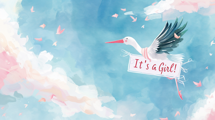 Free AI Image: It's a girl - Watercolor cartoon stork flying with "It's A Girl!" banner on a pastel background, ideal for baby cards and clipart.