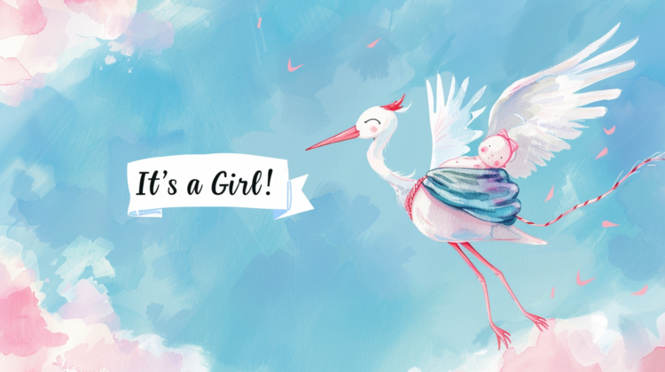 Free AI Image: Stork Carrying a Baby Girl - Cartoon stork flying with a baby in a blanket, pastel watercolor background, and "It's a Girl!" banner at the top.