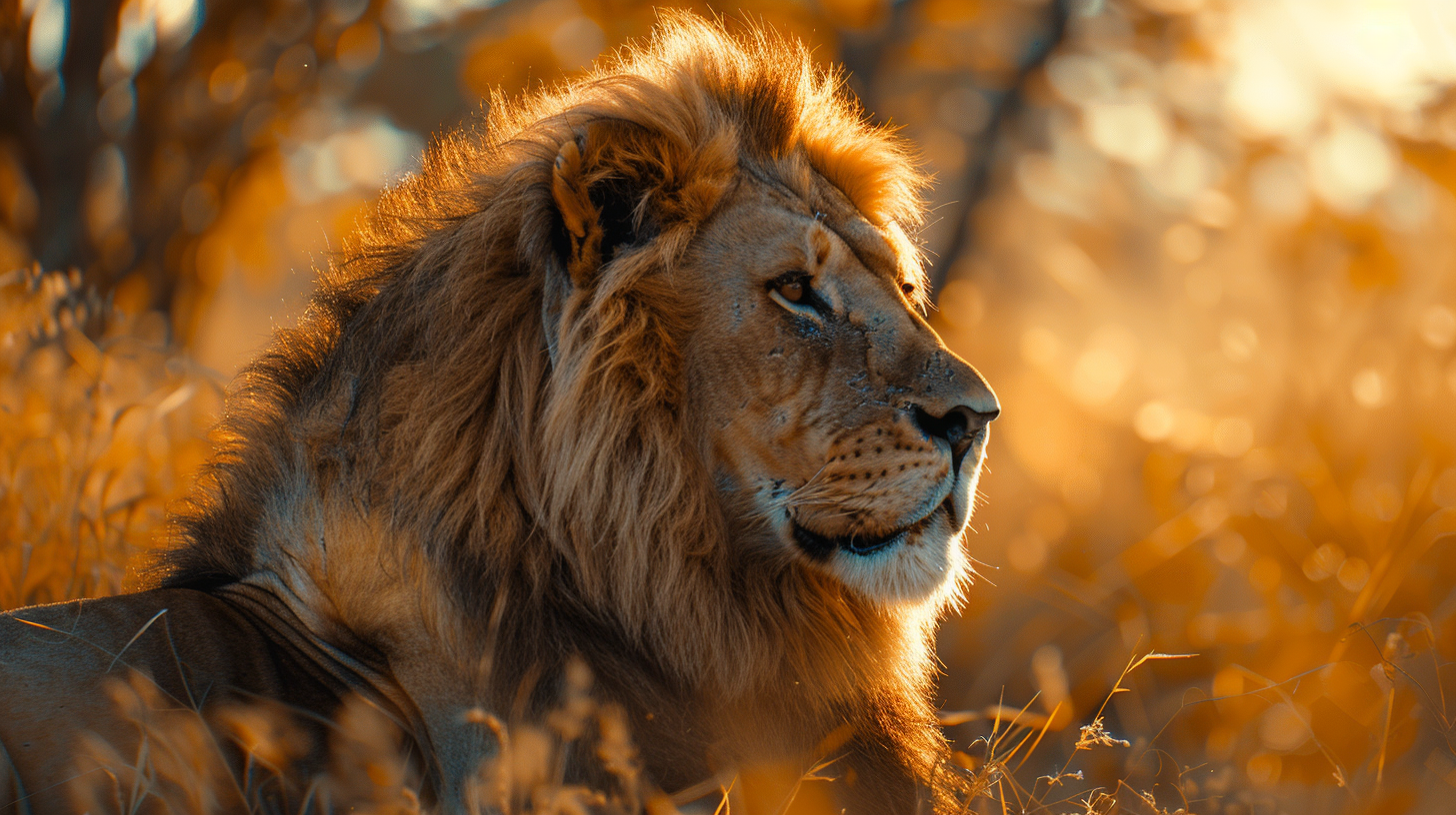 Majestic lion with a golden mane sitting in the savannah at sunset, surrounded by tall grasses and acacia trees.