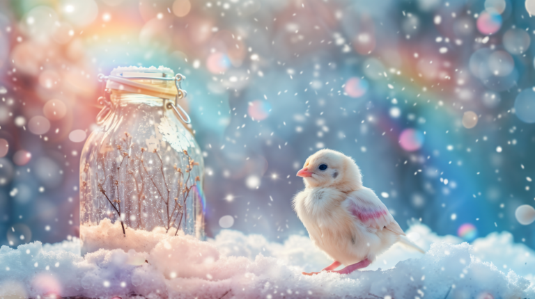 Adorable Chick in a Winter Wonderland with a Rainbow