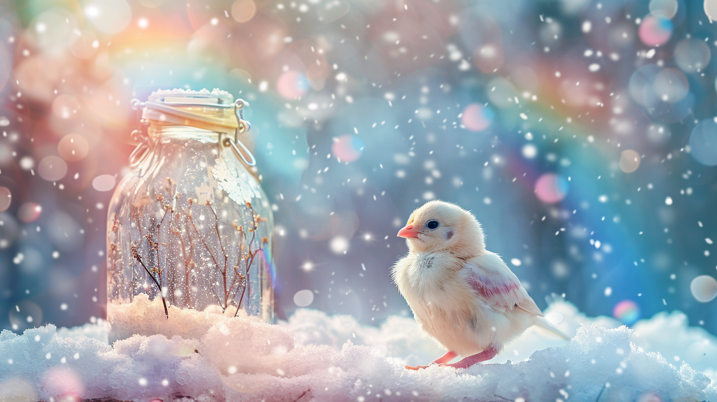 Free AI Image: Adorable Chick in a Winter Wonderland - A small chick on snow beside a jar of colorful lights, with a rainbow and falling snowflakes in the background.