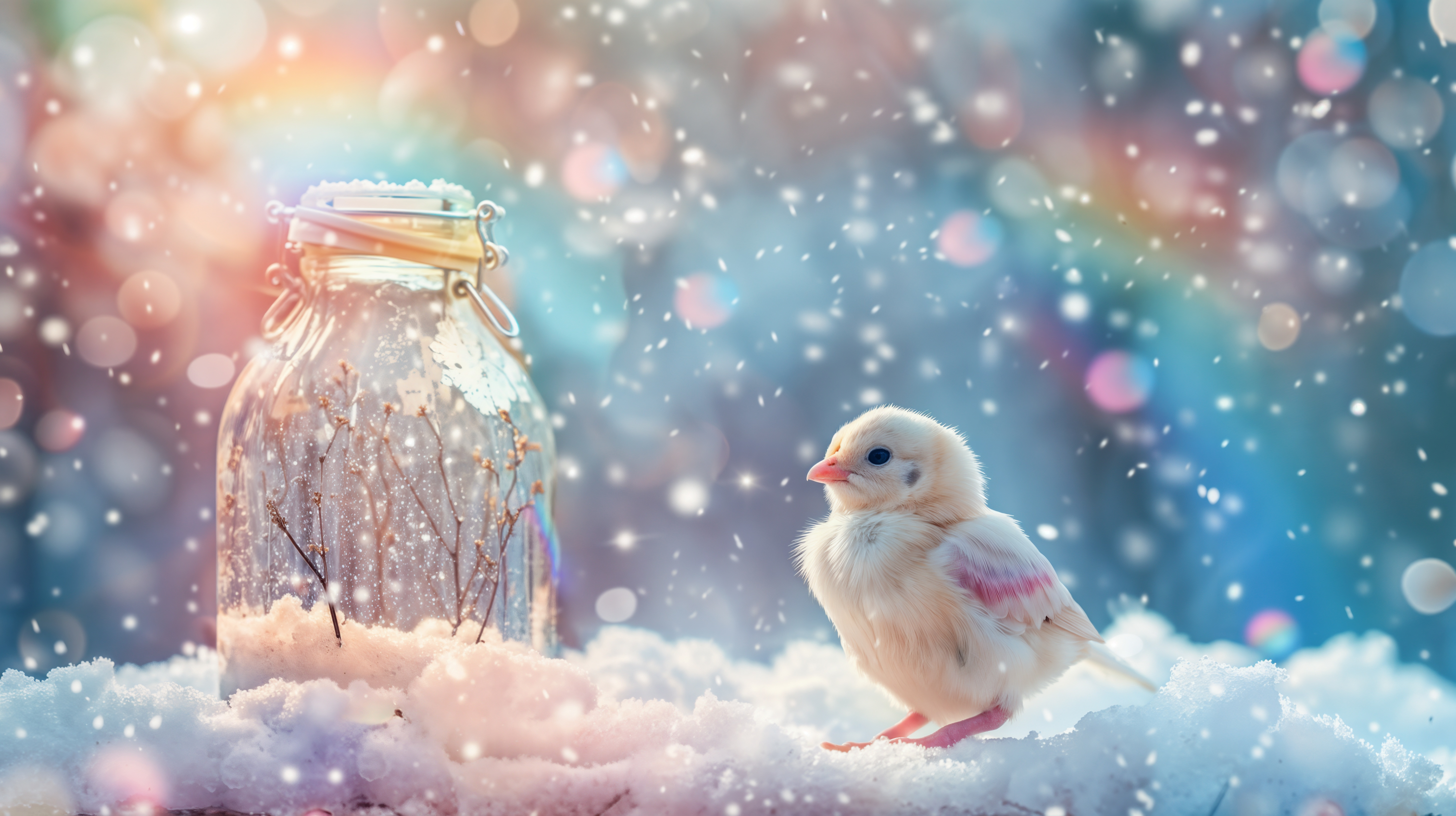 Adorable Chick in a Winter Wonderland with a Rainbow