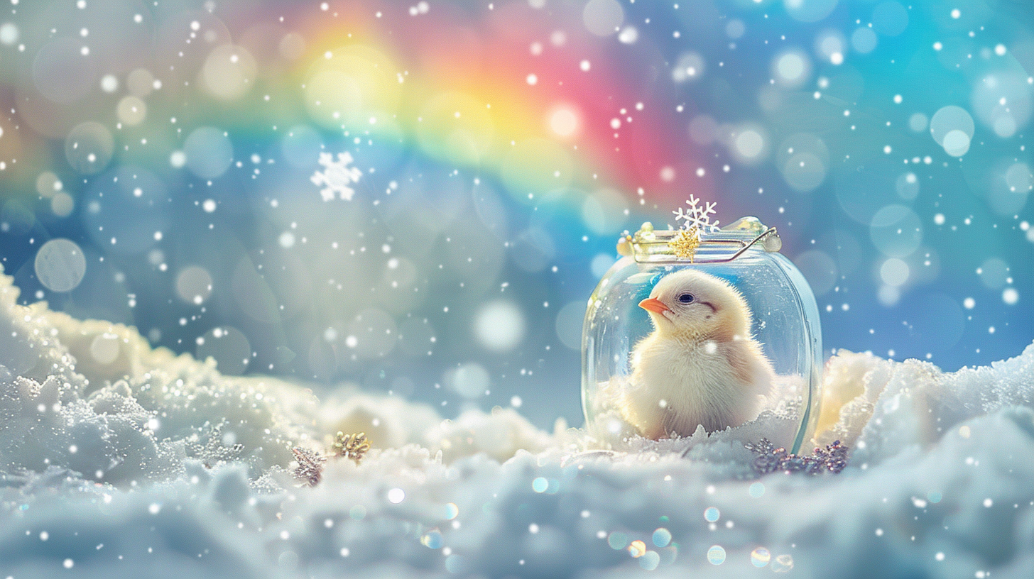 Free AI Image: Cute Chick - Chick inside a glass jar on snowy ground, with a rainbow and falling snowflakes in a whimsical fantasy illustration.