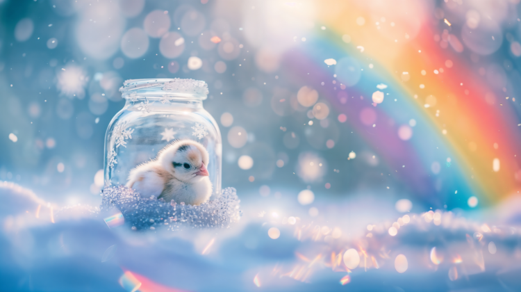 Dreamy Fantasy Scene with a Baby Chick in a Jar