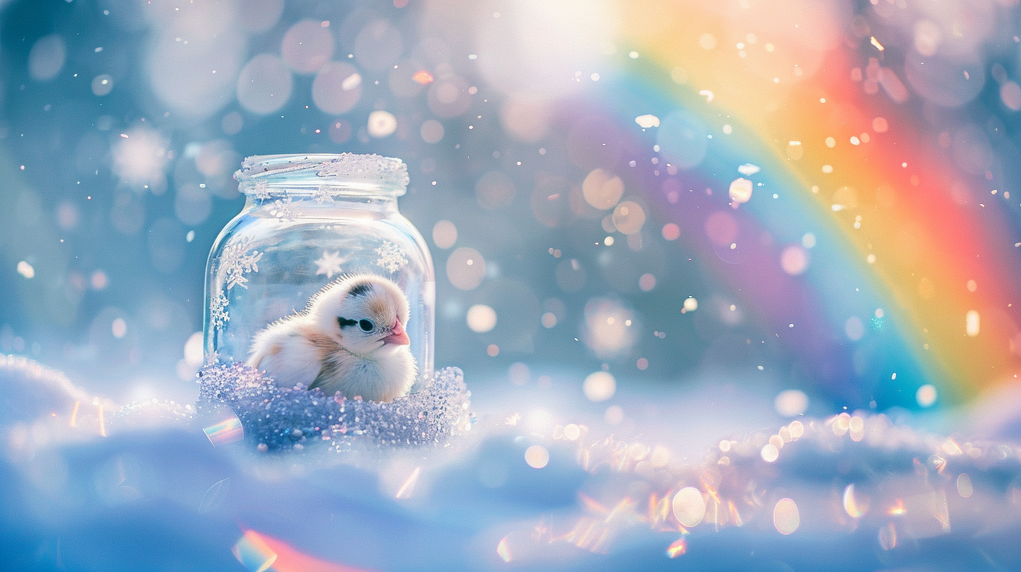 Free AI Image: Baby Chick - Fluffy baby chick inside a jar, with snow and a rainbow in a dreamy, pastel-colored fantasy setting.