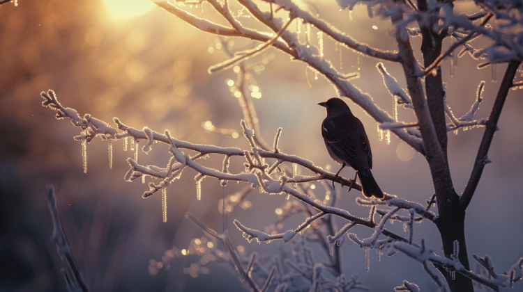 Blackbird on an icy branch with icicles, silhouetted against a pastel sunrise in a peaceful winter landscape.