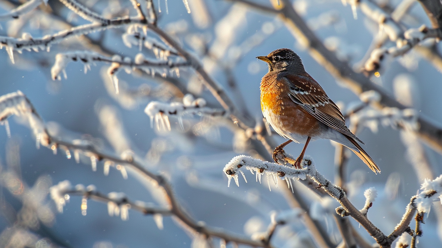 Small bird on an icy branch with vibrant feathers against a snowy background, capturing winter’s crisp beauty.