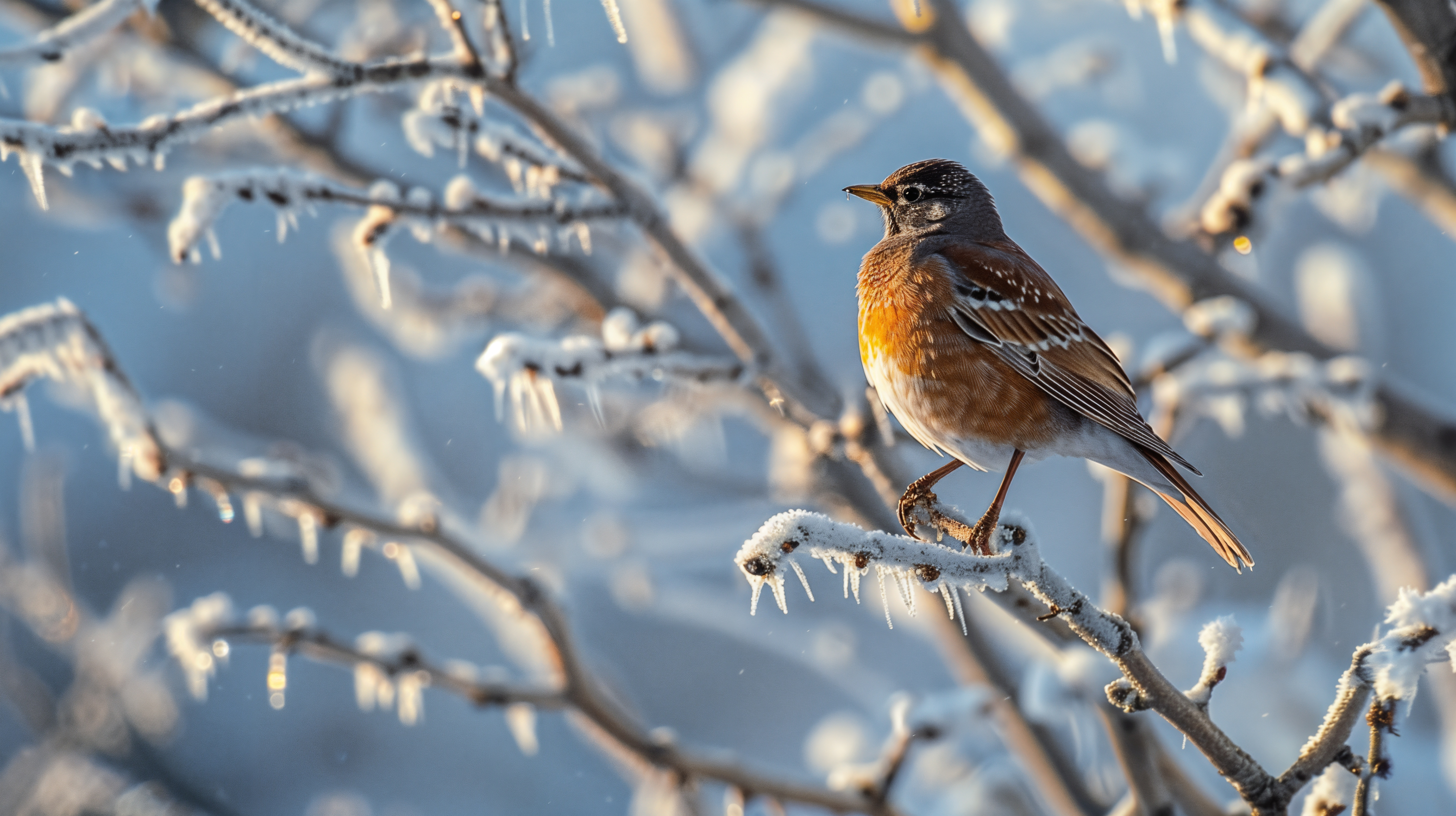 Vibrant Little Bird on an Icy Winter Branch