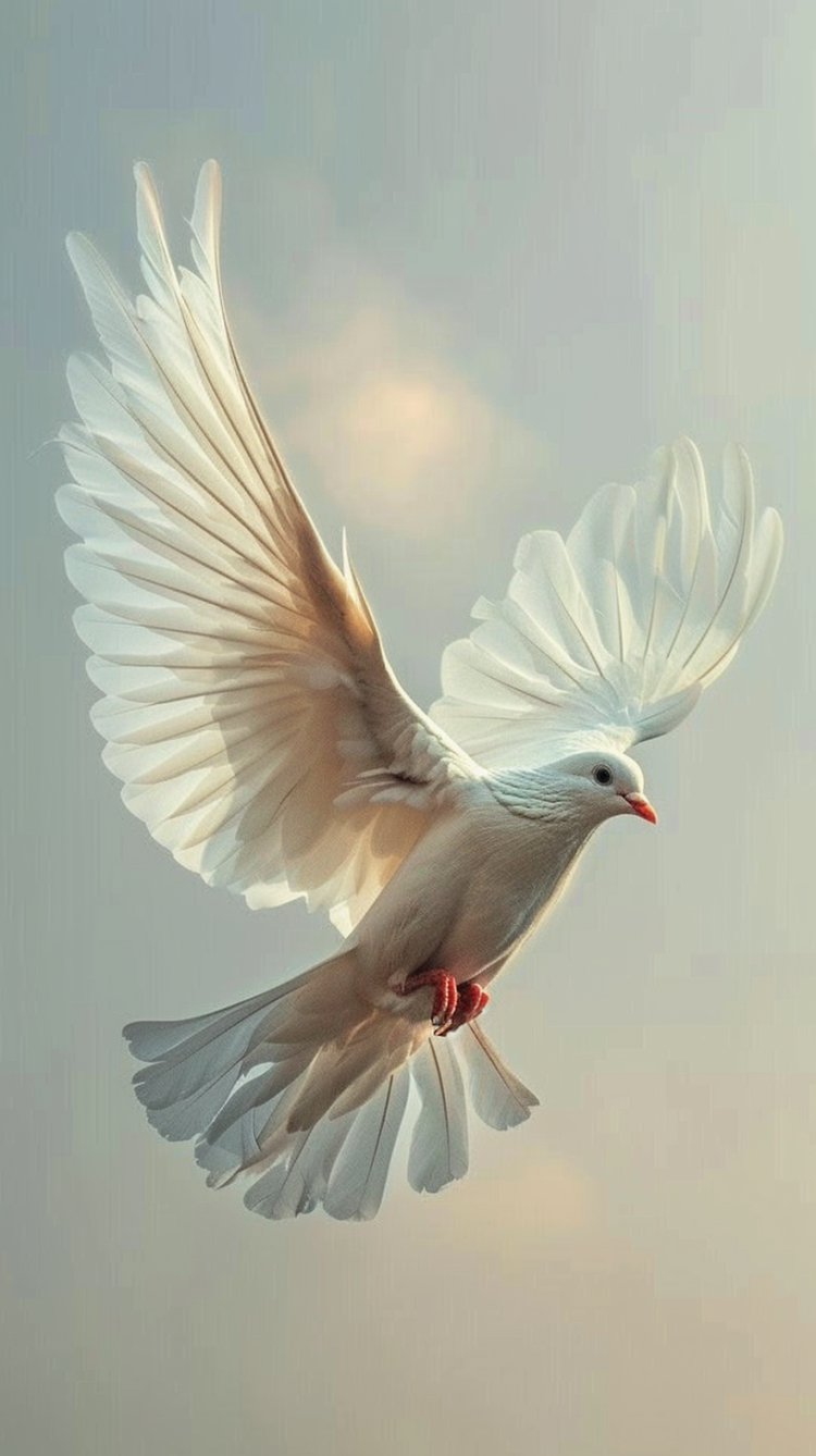 White dove soaring with flapping wings, delicate feathers, and misty light gray background, symbolizing peace and freedom.