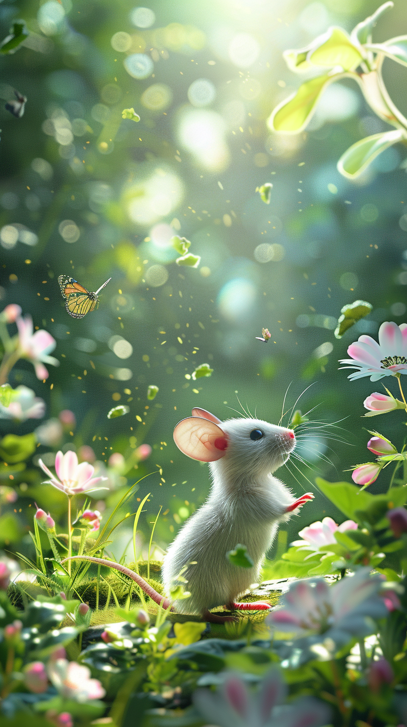 Adorable Mouse in a Sunlit Garden - A small mouse in a garden with flowers, sunlight on its fur, and butterflies flying around.