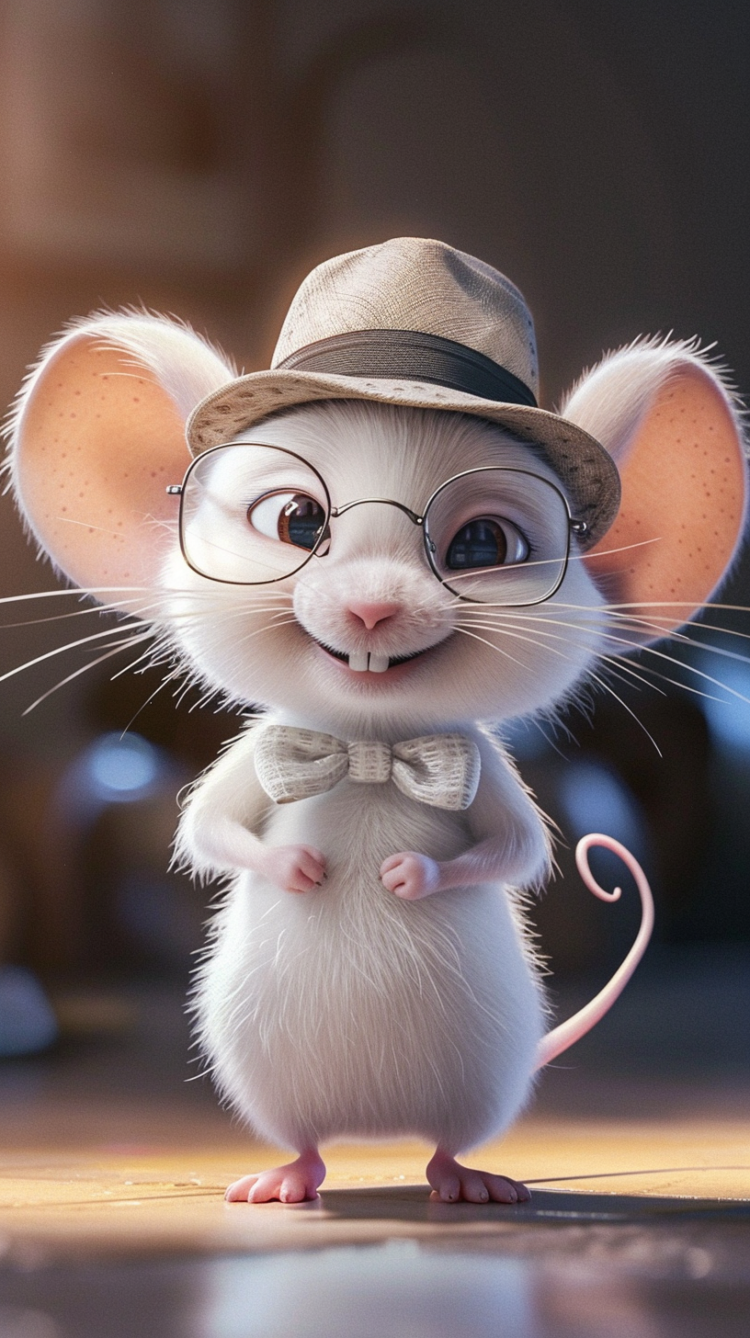 Free AI Image: Charming White Mouse in Pixar-Disney Style - Adorable white mouse with glasses and a hat, smiling in Pixar-Disney style with natural lighting.