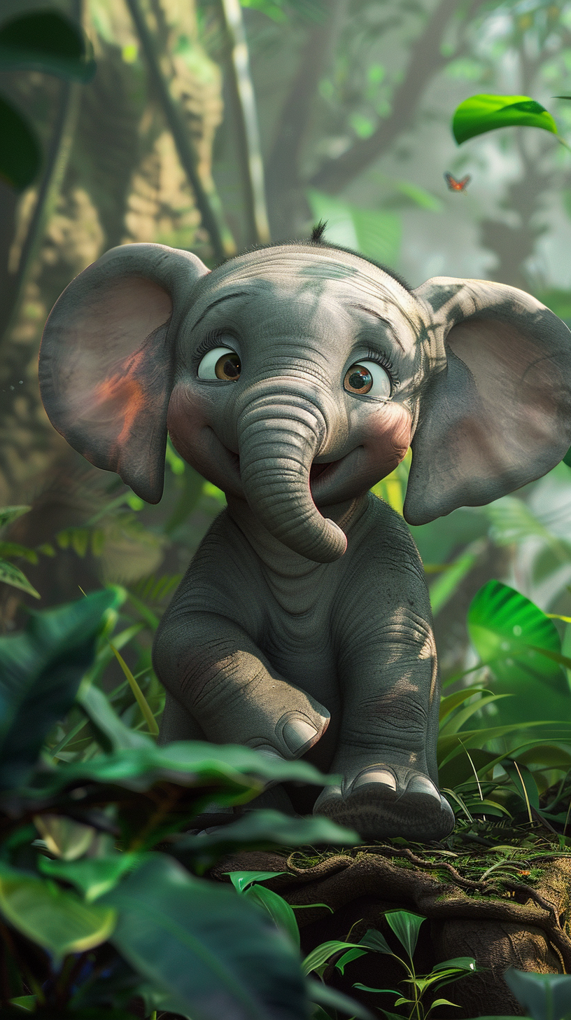 Free AI Image: Baby Elephant in a Jungle - Cute baby elephant with big eyes sitting in a jungle, smiling in a Disney-Pixar animation style.