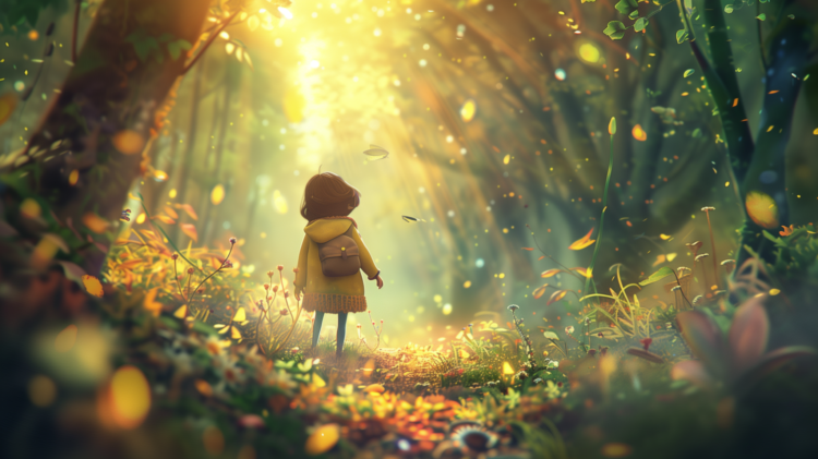 Little Girl in a Sunlit Autumn Forest