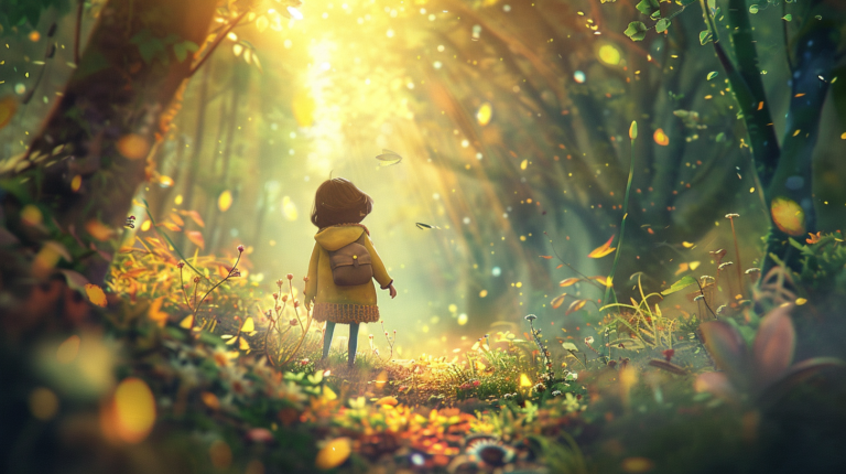 Little Girl in a Sunlit Autumn Forest