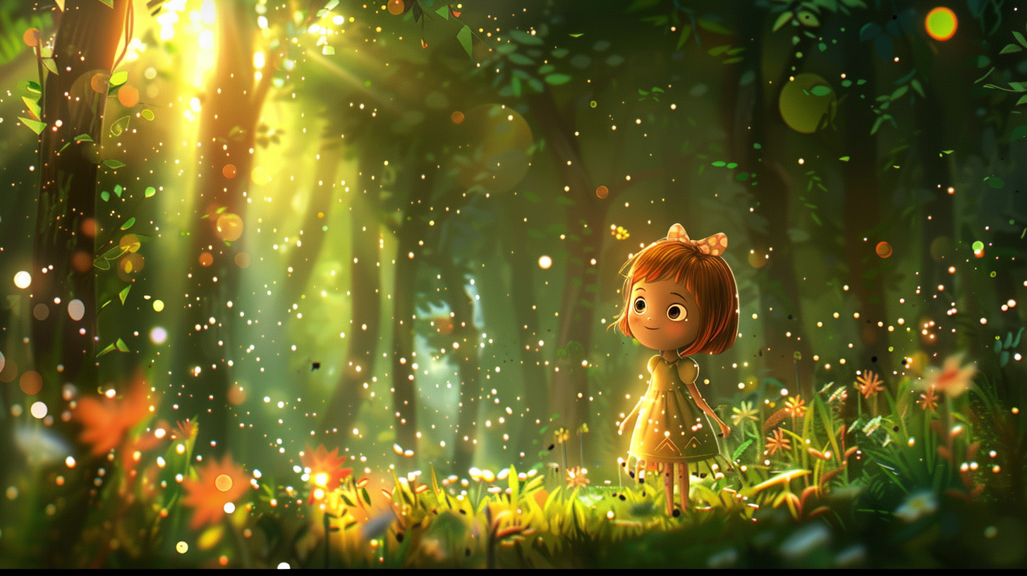 Free AI Image: Little Girl Pixar Style - Smiling girl in a forest with fireflies and flowers, sunlight filtering through trees, Pixar-style illustration.