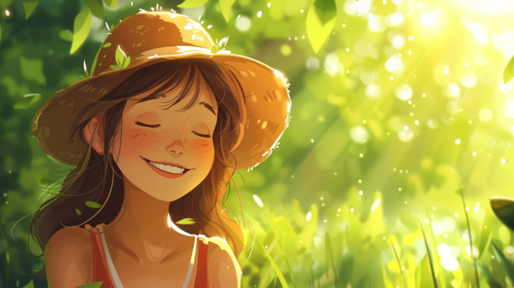 Free AI image: happy girl illustration - Smiling girl in a sun hat, eyes closed, surrounded by greenery and sunlight in anime/cartoon style.