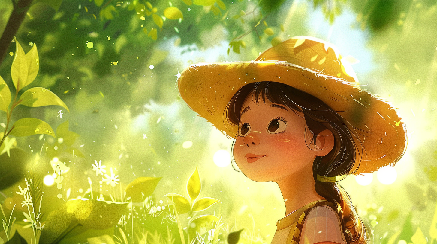 Free AI image: cute girl illustration - Smiling girl in a yellow hat looking at the sun, surrounded by greenery in Pixar-style animation.