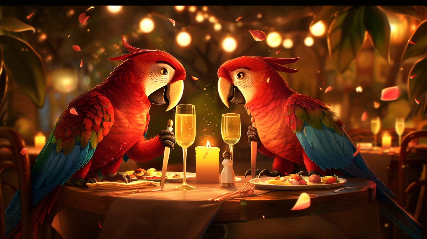 Free AI Image: Parrots Romance Illustration - Two red parrots sharing a romantic dinner with champagne, under warm candlelight in a cozy setting.