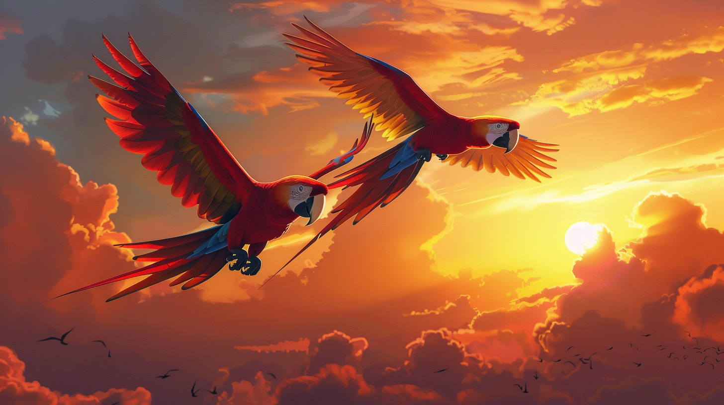 Free AI Image: Flying Parrots Illustration - Two red macaws soaring at sunset in a high-resolution cartoon-style illustration.