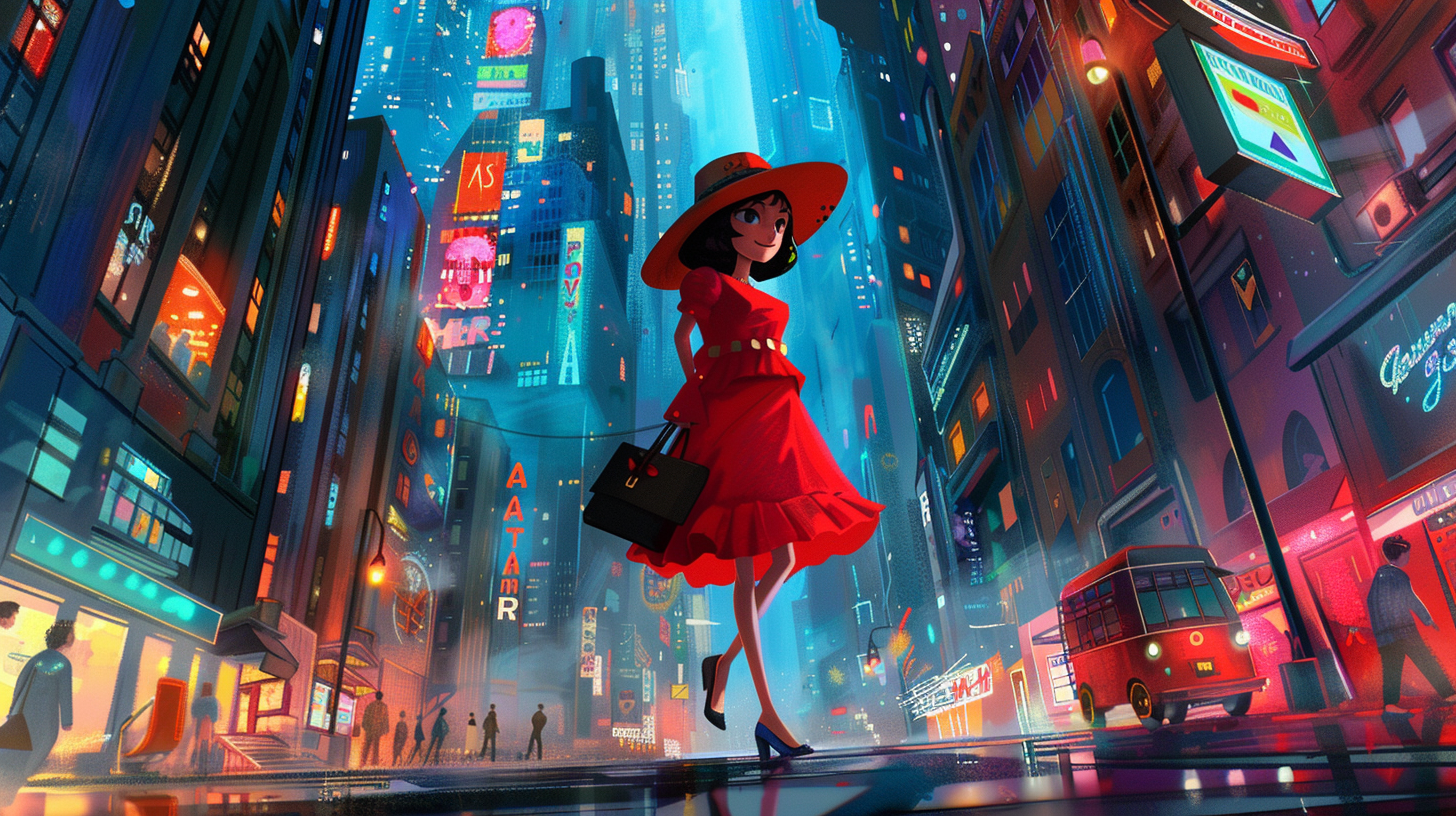 Free AI Imge: Urban Girl Walking in a Neon-Lit City - A girl in a red dress walking through a cyberpunk city at night with vibrant lights and detailed Pixar-style animation.