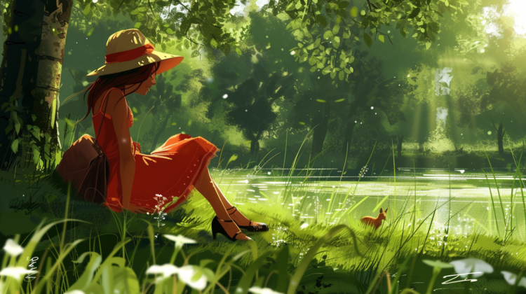 Free AI Image: Girl in Nature Illustration - A girl in a red dress sits on the grass near a lake, surrounded by trees, animals, and blooming flowers in a fantasy world.