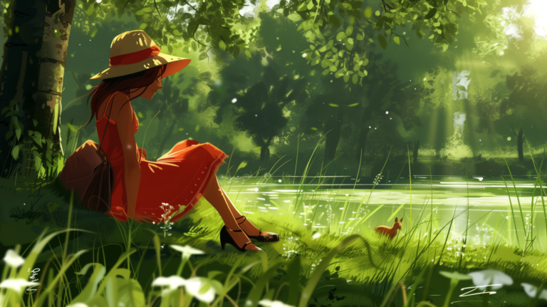 Peaceful Day in Nature with a Red-Dressed Girl