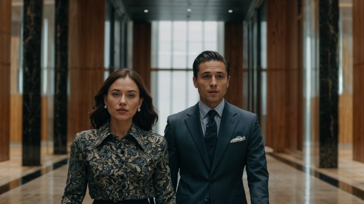 A man and a brunette woman in business casual suits stand in an office with dark wood panel walls and marble floors.