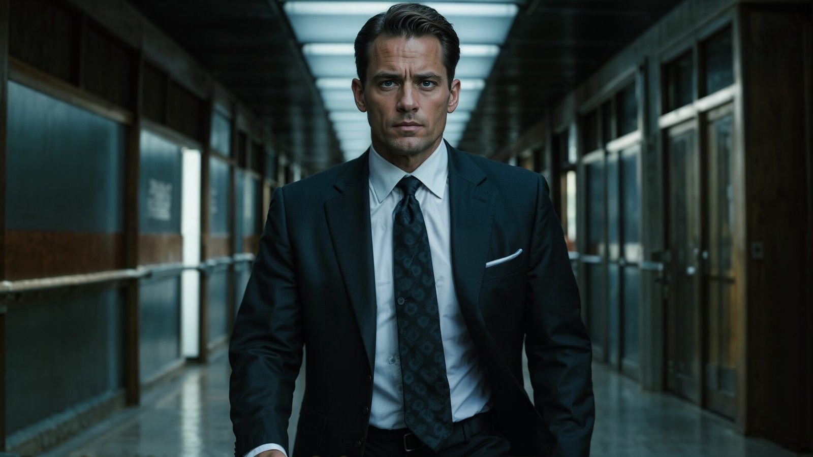 A man in a black suit walks down an office hallway with a serious expression, in a cinematic corporate setting.