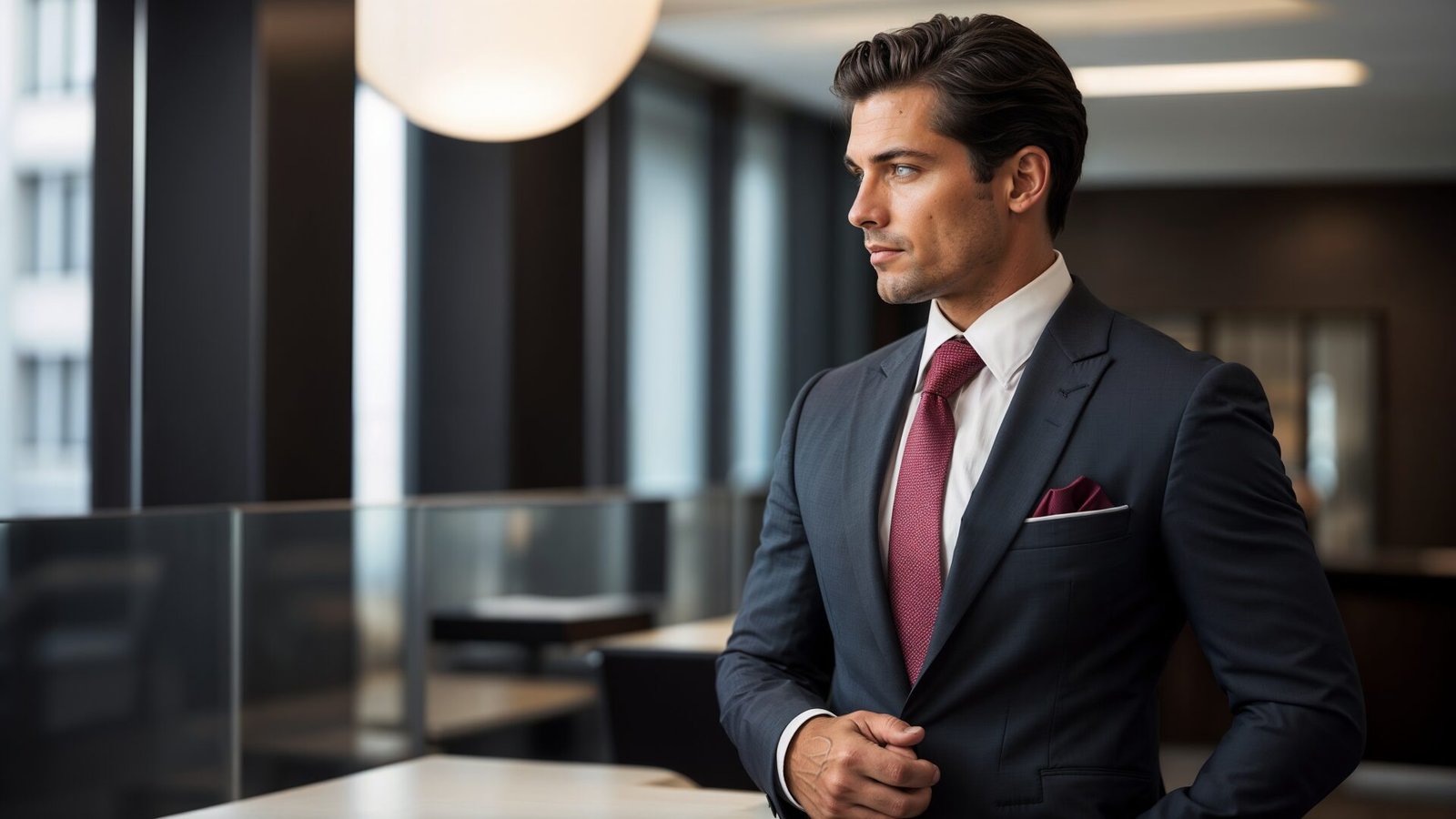 A stylish businessman in a suit with a burgundy tie stands in a modern office, looking away in a side view.