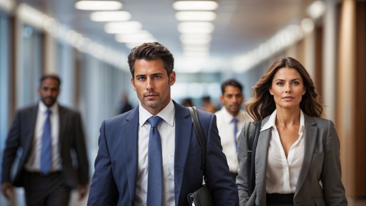 Confident business professionals walk in a corporate office hallway, with colleagues in suits around them.