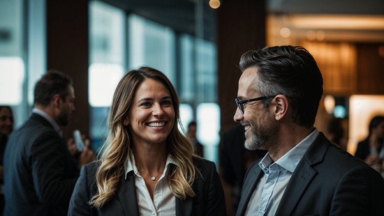 Business professionals talking and smiling in a modern hotel conference room, with a woman in a blazer and a man with a grey beard.