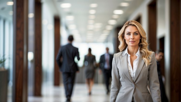 A professional businesswoman with blonde hair walking through an office hallway, with blurred people in the background.