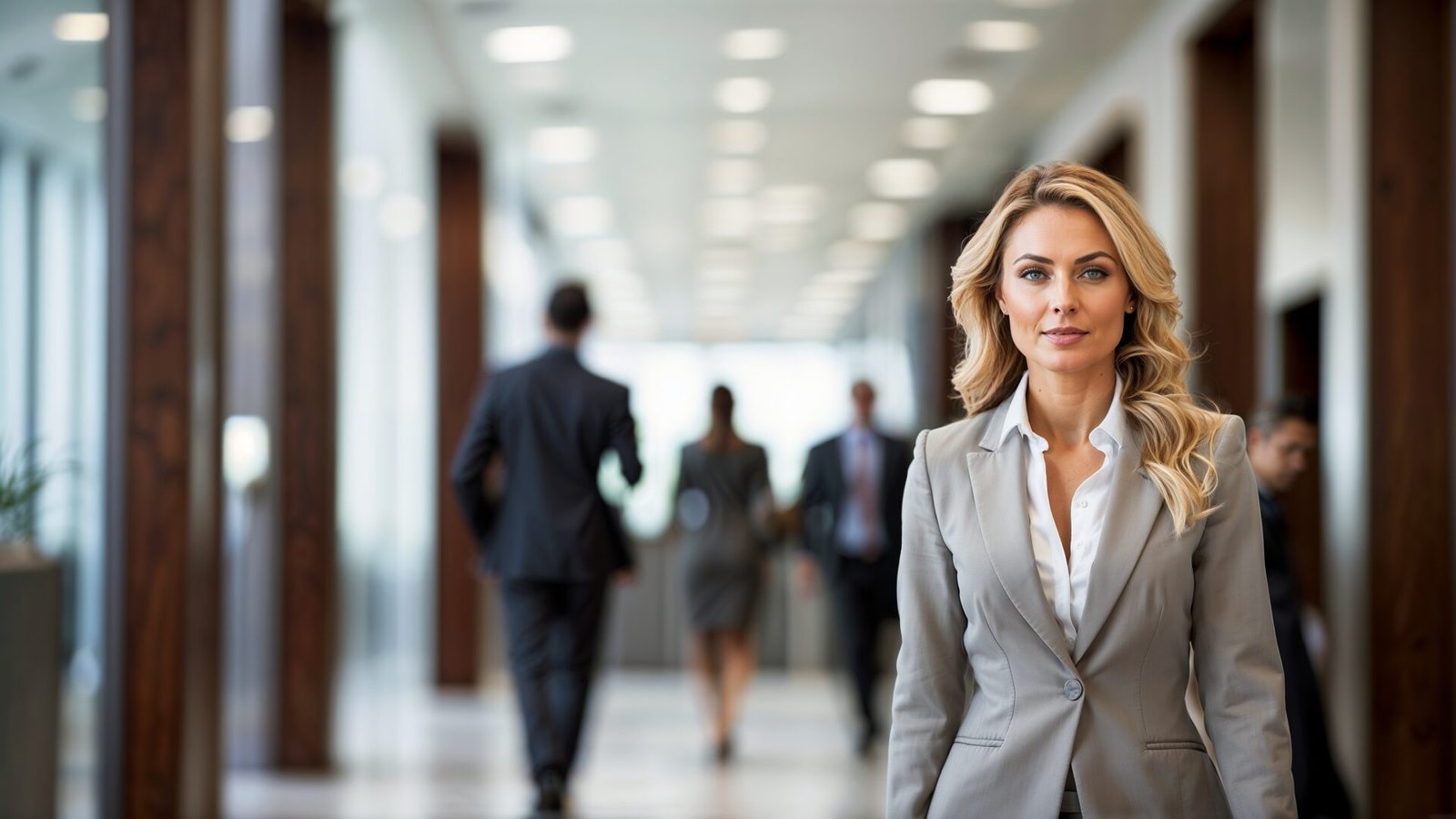 A professional businesswoman with blonde hair walking through an office hallway, with blurred people in the background.