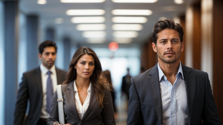 A confident man and woman in suits walking down an office hallway, prepared for an important collaboration.