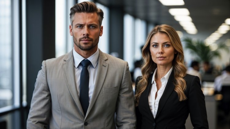 A confident man in a grey suit and a woman with blonde hair stand side by side in a modern office, with blurred people working behind them.