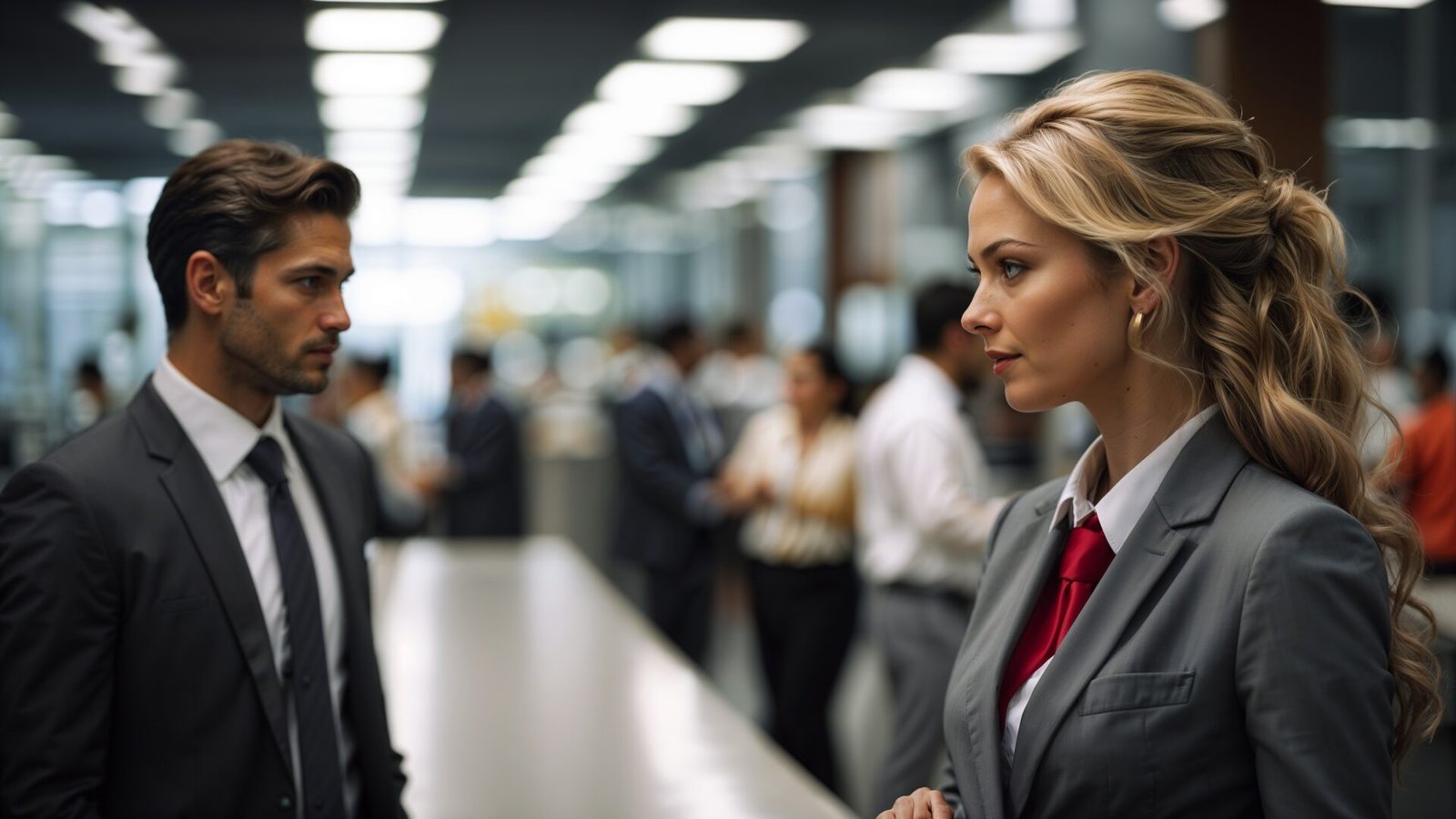 A blonde woman and a man in business attire stand at the entrance of a modern office, surrounded by people.