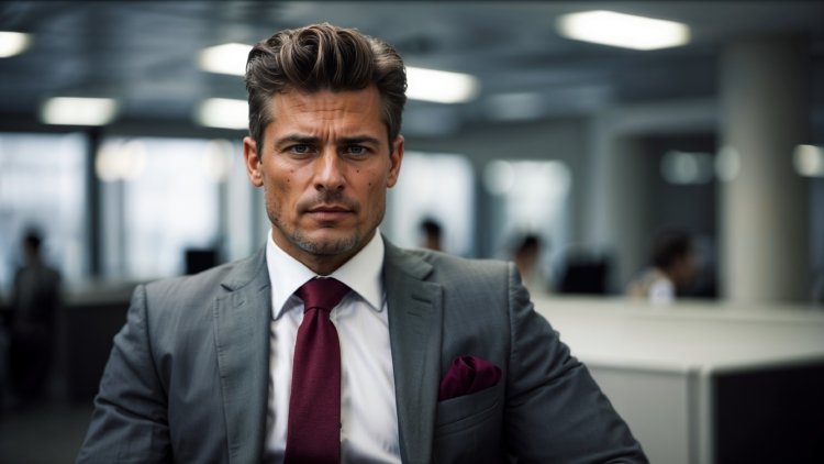 A man in a grey suit and burgundy tie sits at an office desk, with a serious expression and blurred people in the background.