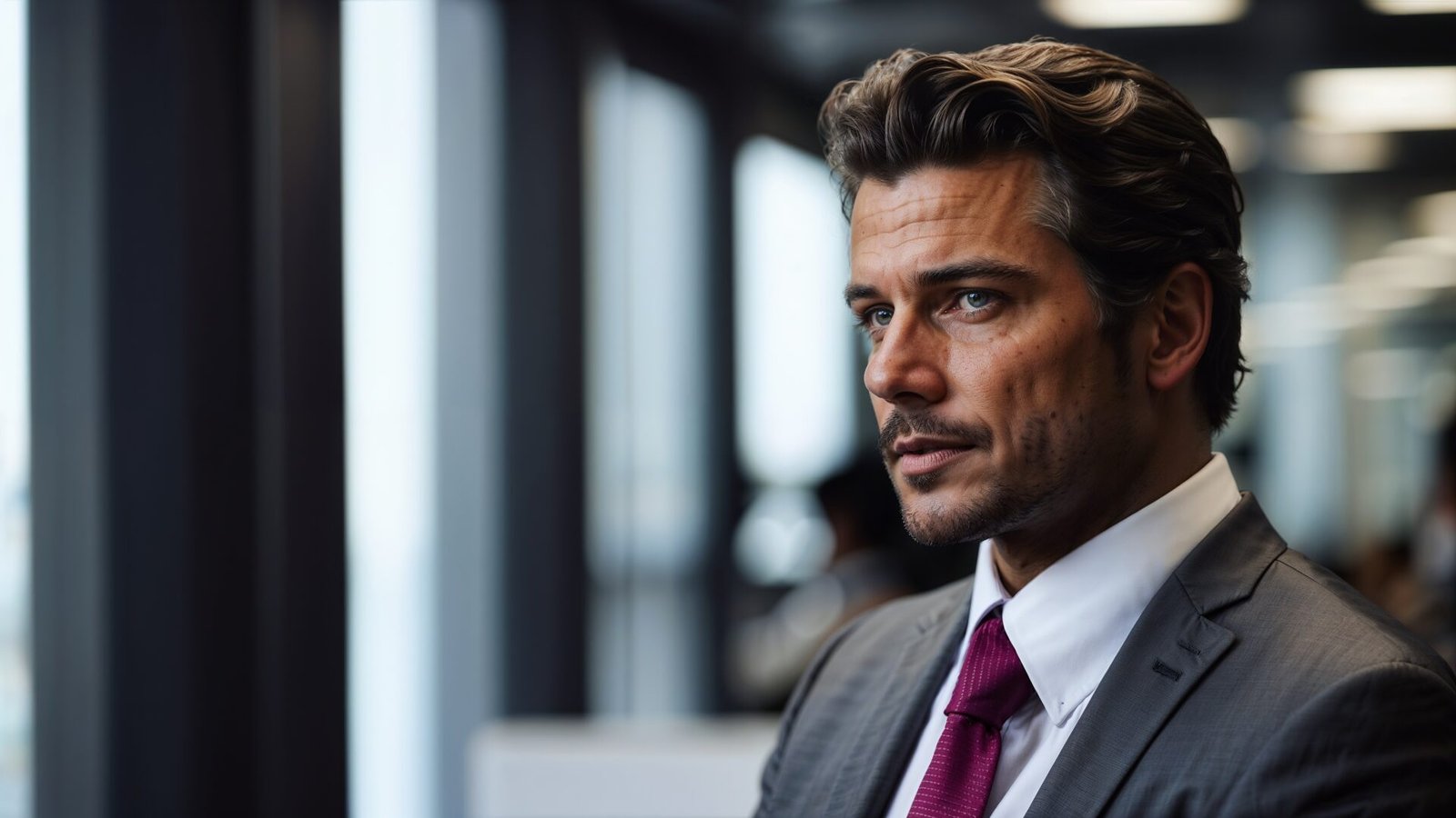 Businessman in a suit and tie standing by the office window, looking out seriously, with a blurred crowd behind him.