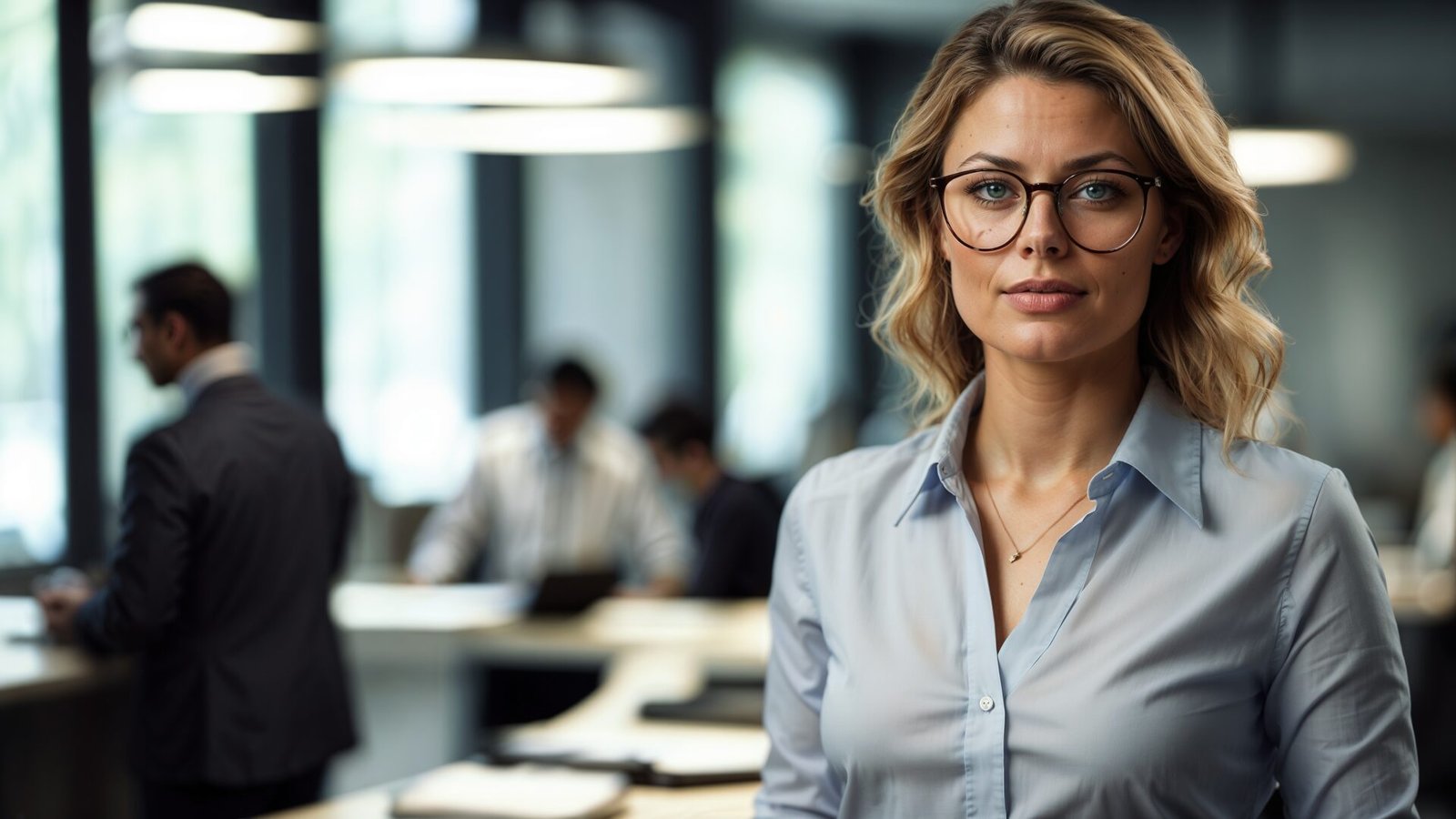 Businesswoman with glasses standing in a modern office, looking straight, with blurred people working in the background.