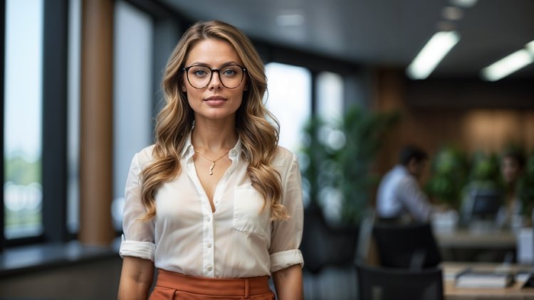 Businesswoman in glasses standing in a modern office with a blurred team working behind her.