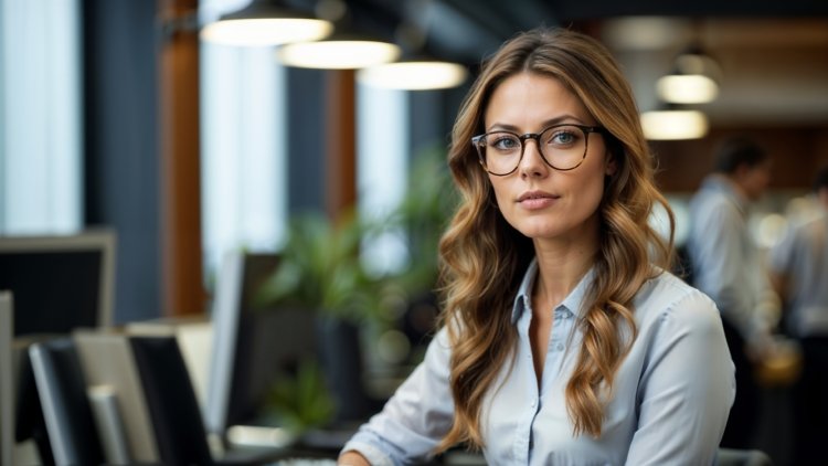 Beautiful businesswoman with eyeglasses working in office, professional female manager, corporate photography.