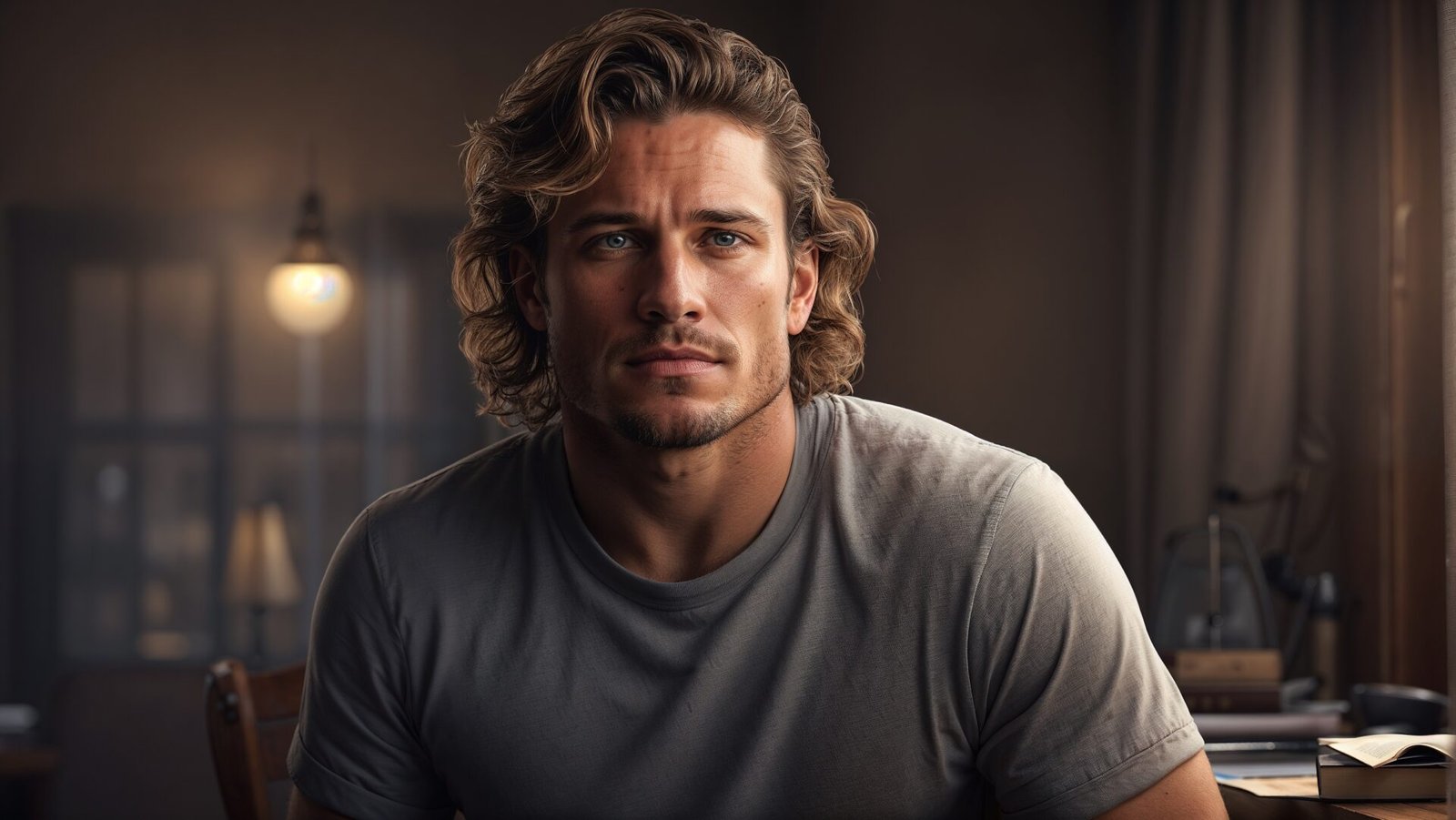 Handsome man with shoulder-length hair wearing grey t-shirt sitting at a desk with warm cinematic lighting.