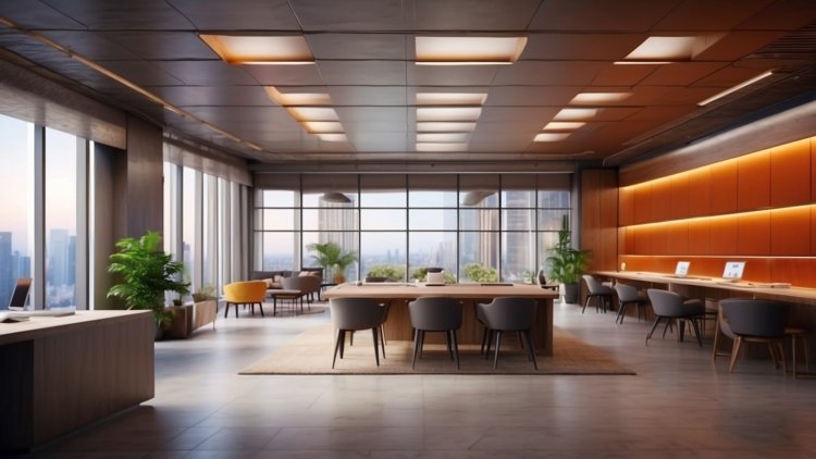 Modern office with panoramic windows, large meeting table, workspaces, city view, wooden walls, pendant lighting, light orange palette.