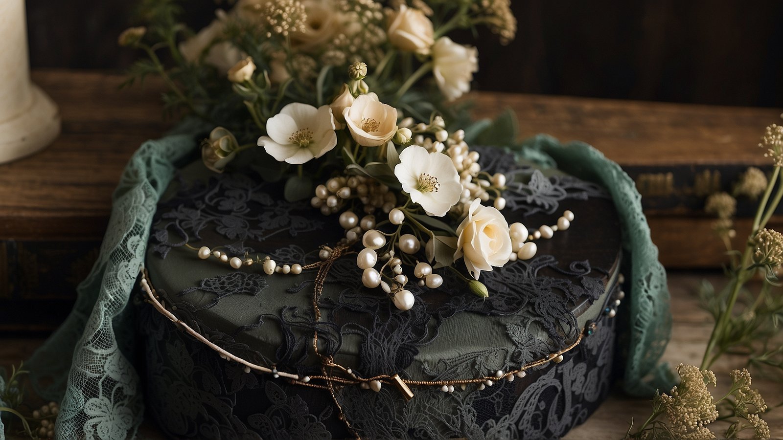 Black round box with lace and pearls surrounded by white flowers and green cloth in an antique style.