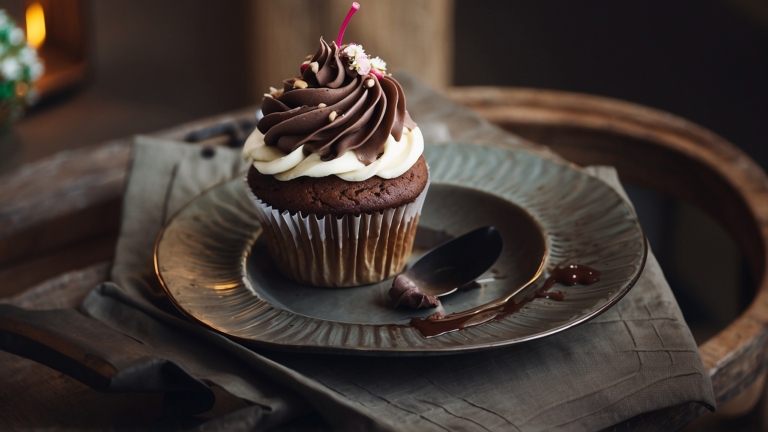 Vintage Food Photography with Cupcake and Chocolate Cream